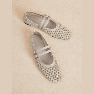Cream Woven Square Toe Mary Jane Flats with Double Buckle Strap